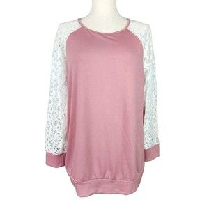 HEIMISH USA Mauve with White Lace Sleeve Boutique Top Shirt Blouse Size L
